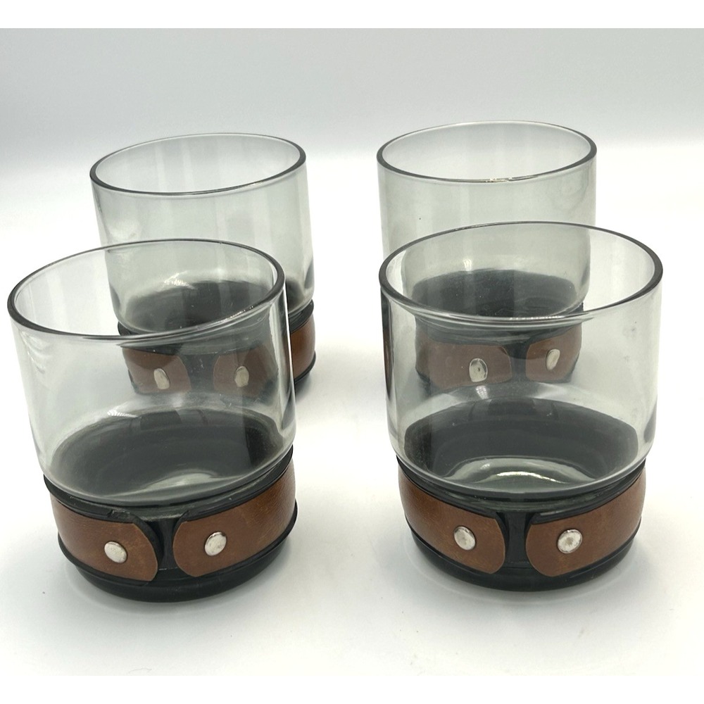 Vtg Rocks Glasses Faux Leather Band Metal Rivets Smoky Glass Set of 4